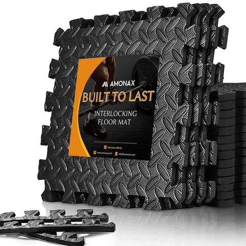 Amonax Exercise Interlocking Floor Mats - Black 60x60cm 12 TILES (48 SQ FT)