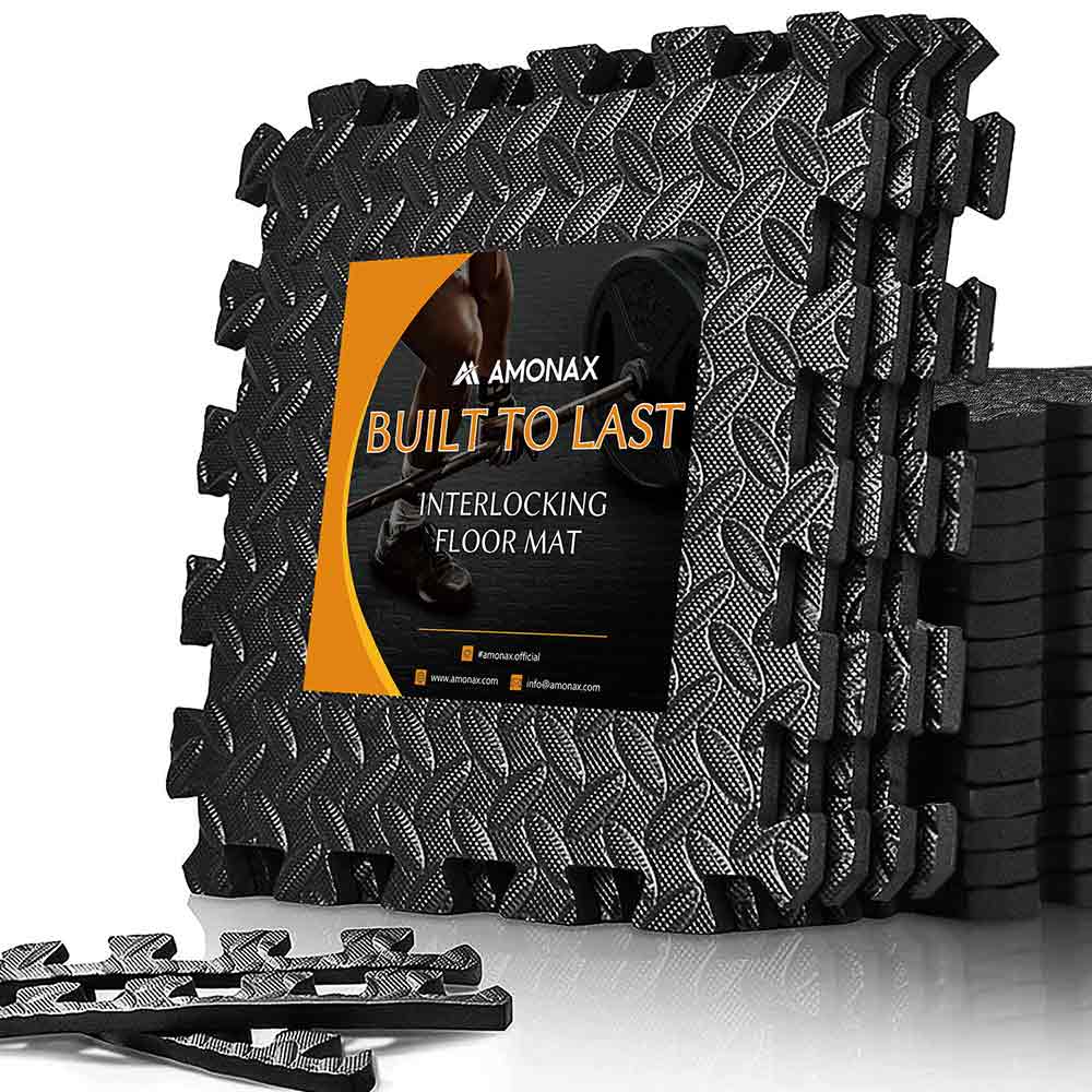 Amonax Exercise Interlocking Floor Mats - Black 60x60cm 16 TILES (64 SQ FT)