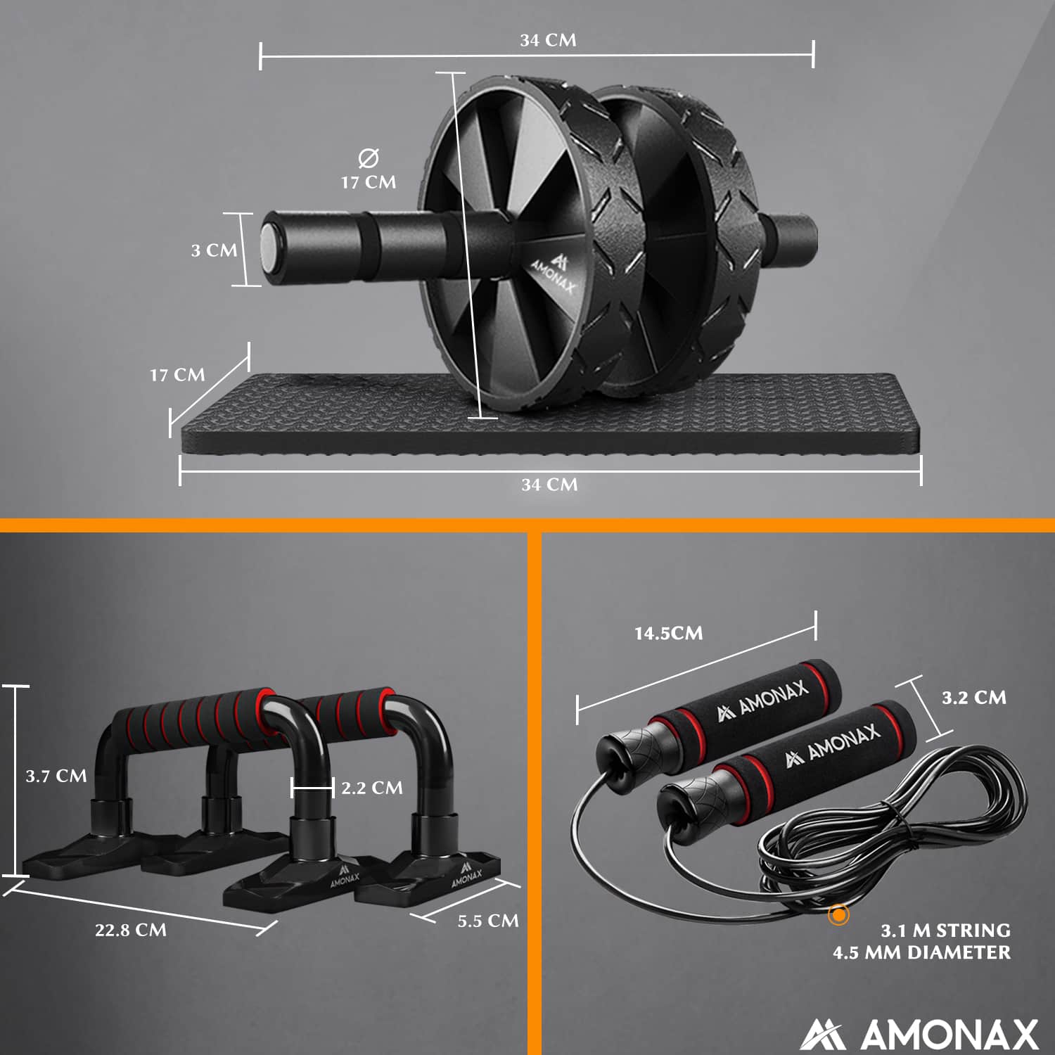 Ab Roller Set with Skipping Rope & Push Up Bars – Home Workout Kit for Core Training
