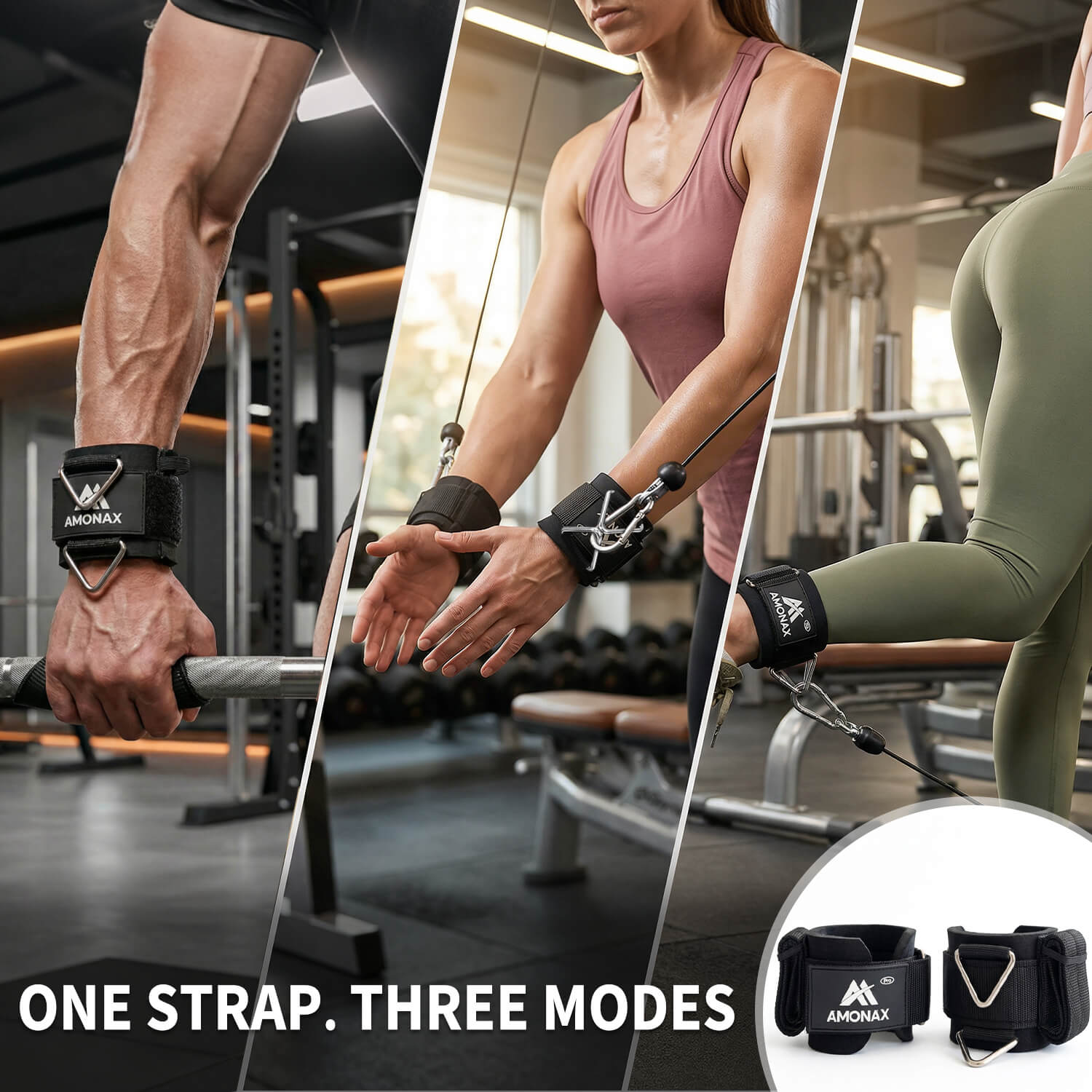 3-in-1 Gym Straps for Lifting, Cable Machines & Leg Workouts