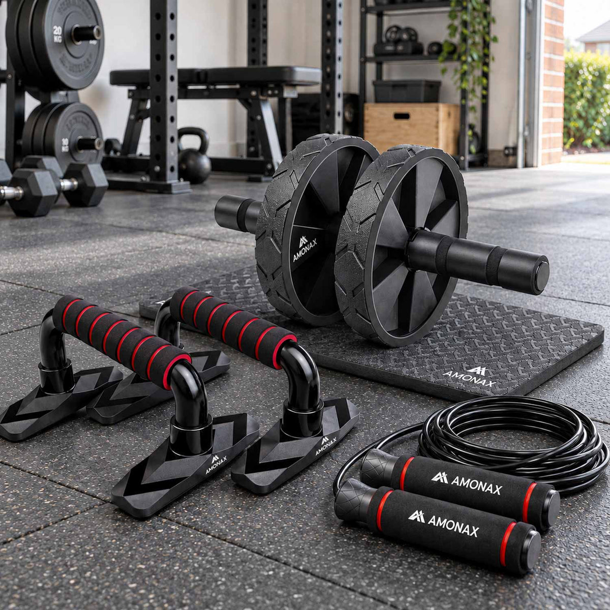 Ab Roller Set with Skipping Rope & Push Up Bars – Home Workout Kit for Core Training