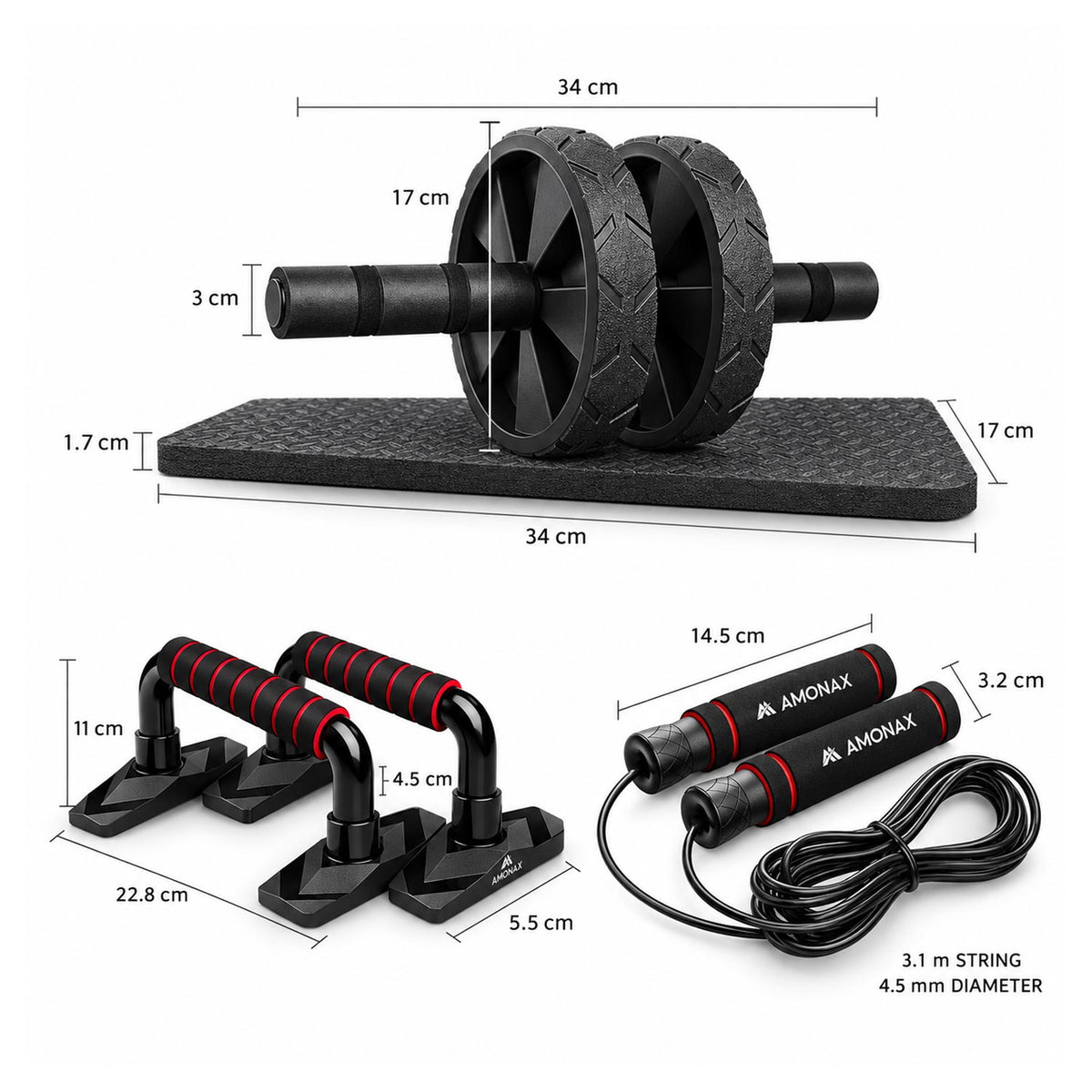 Ab Roller Set with Skipping Rope & Push Up Bars – Home Workout Kit for Core Training
