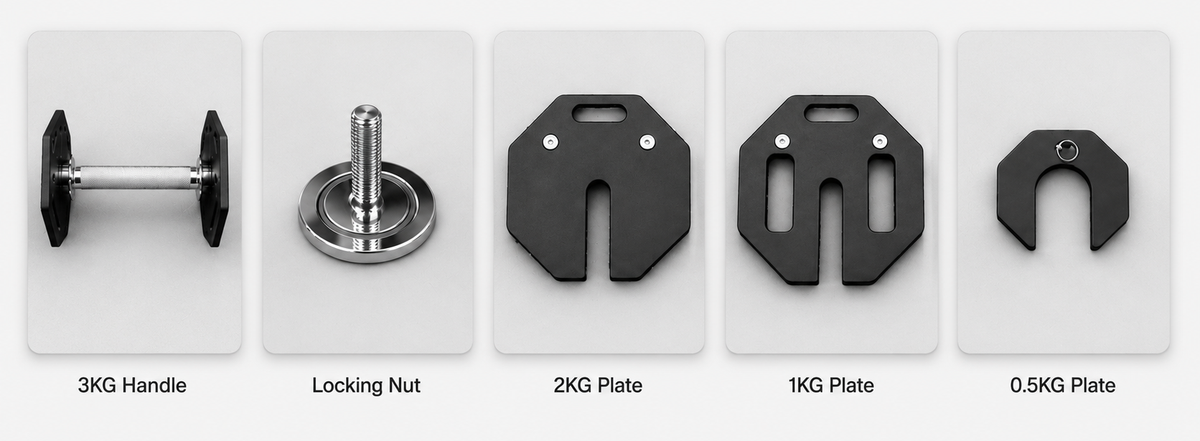 AMONAX adjustable dumbbell included components: 3KG handle, locking nut, 2KG plate, 1KG plate and 0.5KG plate